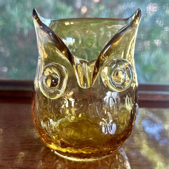 Vintage Amber Glass Owl Figurine Vase or Candle Holder – 4.5” Tall - Picture 1 of 9